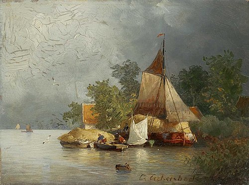 Flusslandschaft mit Lastenkähnen, 1883, Andreas Achenbach
