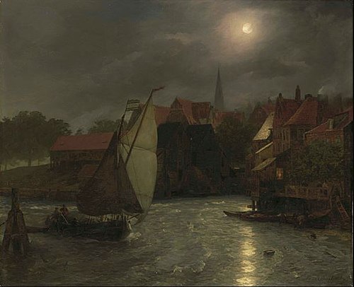 Boats on a Canal, Moonlight, , Andreas Achenbach