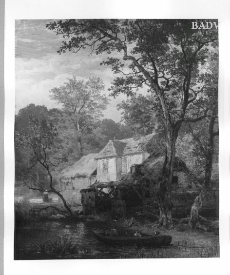 cottage near a brook + figures, 1862, Andreas Achenbach