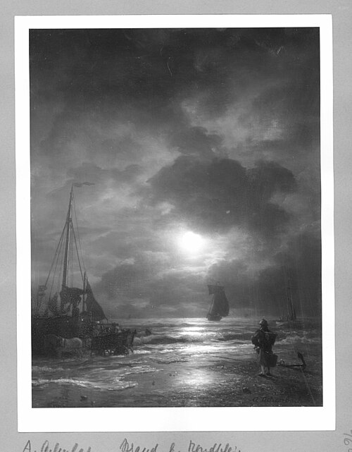 Coast by moonlight with ships and staffage, 1863, Andreas Achenbach