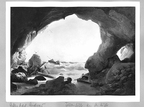 view on sea through rock- gate, 1842, Andreas Achenbach