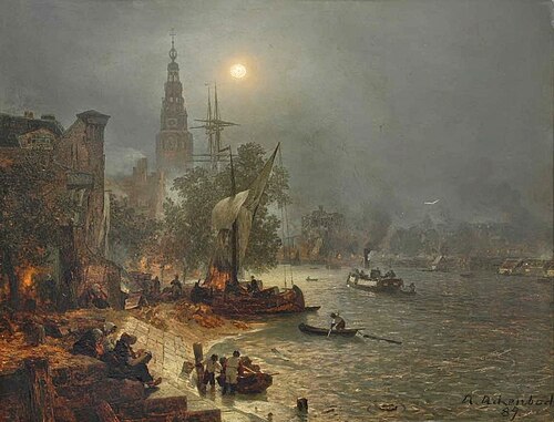 View  of Amsterdam at night, 1900, Andreas Achenbach