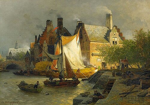 Aangemeerde boten in een Hollandse haven, 1890, Andreas Achenbach