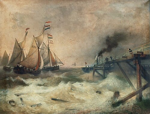 Vissersboten en stomers bij de pier van Oostende, 1885, Andreas Achenbach
