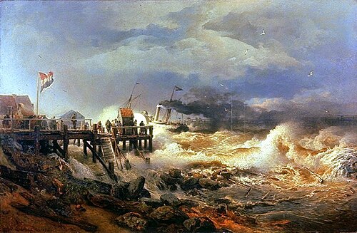 Vertrek van een stoomschip, storm aan de Hollandse kust, 1885, Andreas Achenbach