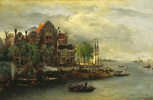 Avondstemming in een Hollandse haven, 1880, Andreas Achenbach