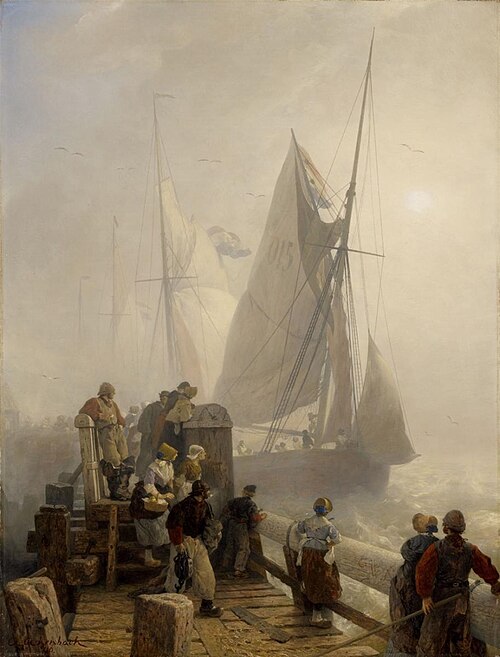 Binnenlopende schepen, Hollandse kust, 1900, Andreas Achenbach
