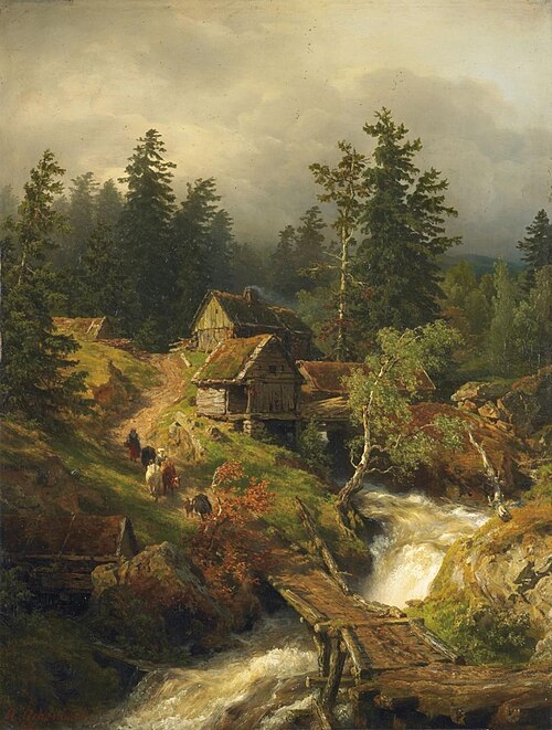 Bergige landschaft mit Bach und Wassermühle, 1884, Andreas Achenbach