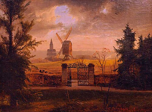 Landschaft mit Kirche von Schwarzrheindorf, 1839, Andreas Achenbach
