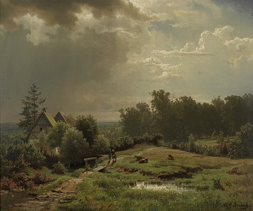 Heuvelachtig landschap met bewolkte lucht, 1852, Andreas Achenbach