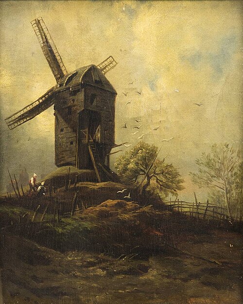 Oude windmolen tegen een bewolkte lucht, 1860, Andreas Achenbach