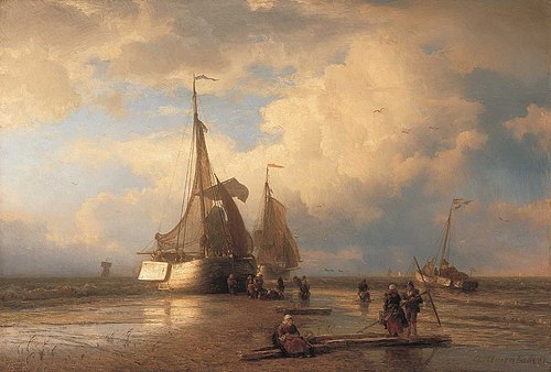 View of the beach with fishermen, 1860, Andreas Achenbach