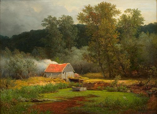 Cabin near a lake in the woods, 1862, Andreas Achenbach