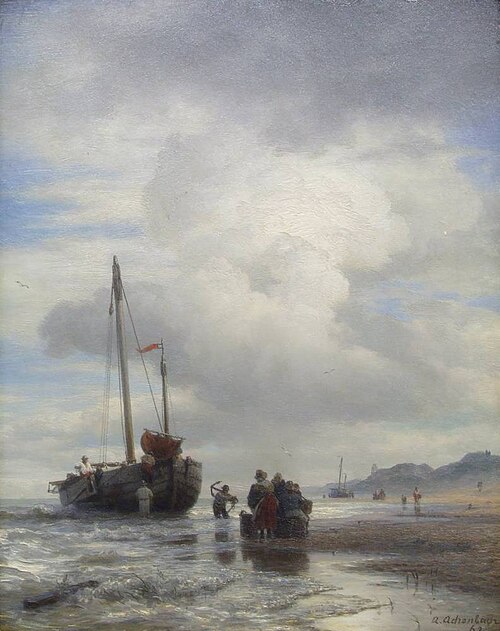 Zeilboten op het strand, 1862, Andreas Achenbach