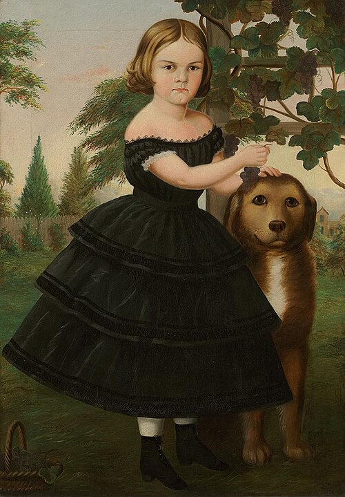Portrait of a Girl and Her Dog in a Grape Arbor, 1857, Susan Catherine Waters