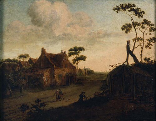 Dorpsgezicht met huizen en vervallen schuur en op de achtergrond een kerktoren, 1691, Emanuel Murant