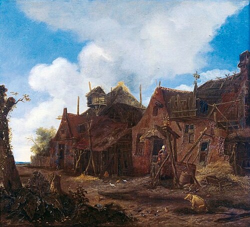 Landschap met twee aan elkaar grenzende boerenwoningen, 1690, Emanuel Murant