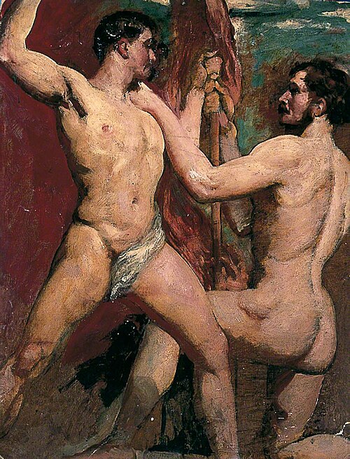 Two Male Nudes, One Kneeling with Staff (recto), , William Etty