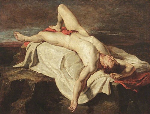 Academic Study of a Male Nude lying on a Shroud on Rocks, 1824, William Etty
