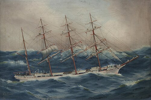 'Port Stanley', a four masted barque in a heavy sea, probably rounding Cape Horn, 1850, Thomas G. Purvis