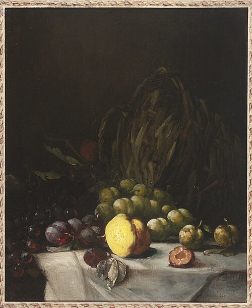 Stilleven met mand en pruimen., 1857, Augustin Théodule Ribot