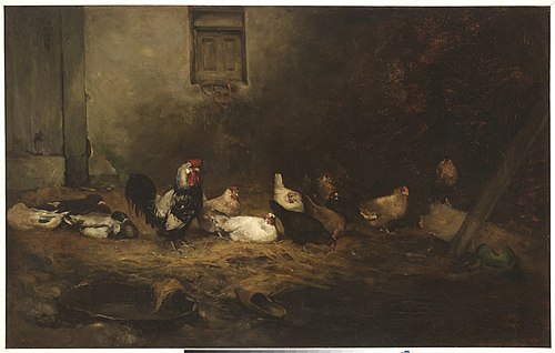 Hoenderhof (Kippen op een deel/’basse-cour’)., 1870, Augustin Théodule Ribot