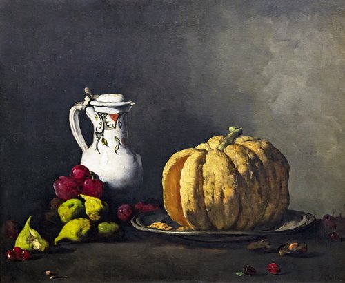 Nature morte à la citrouille et aux prunes, cerises et figues avec pot - Théodule Ribot, 1860, Augustin Théodule Ribot