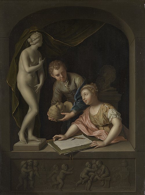 Une fille dessinant et un garçon proche d'une statue de Vénus, 1715, Pieter van der Werff