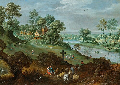 Wooded river landscape with peasants and cattle, a village beyond, 1629, Marten Ryckaert