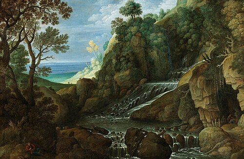 Rocky landscape with a waterfall, 1625, Marten Ryckaert