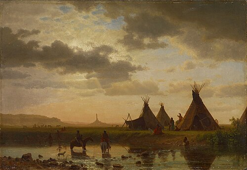 View of Chimney Rock, Ohalilah Sioux Village in the foreground, 1860, Albert Bierstadt
