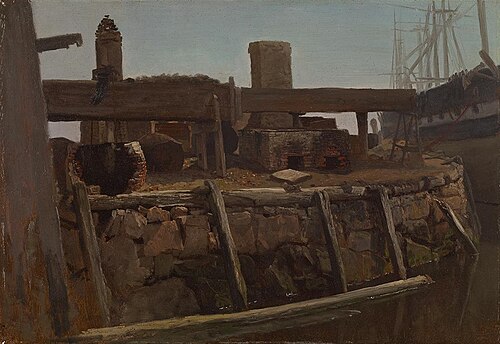 Wharf Scene with Ship at Dock, 1850, Albert Bierstadt