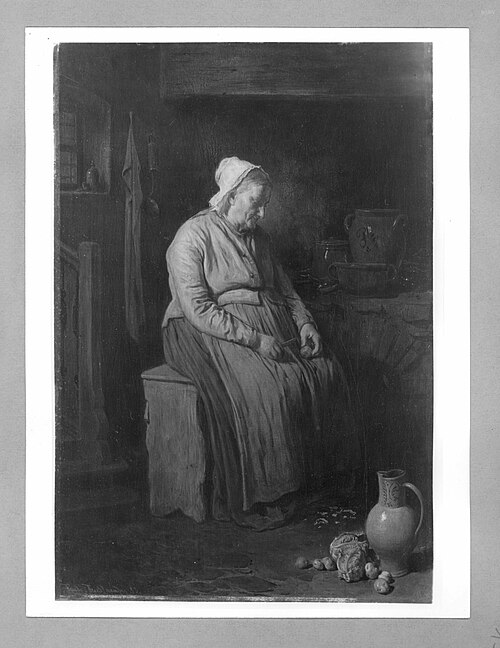 Alte Frau Kartoffeln schälend, 1883, Friedrich Friedländer