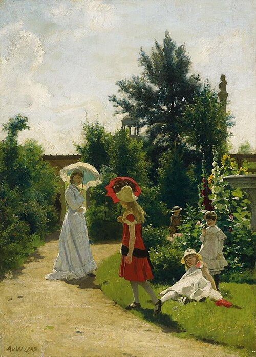 Die Familie des Künstlers im Garten der Sommerresidenz in Wannsee, 1882, Anton von Werner