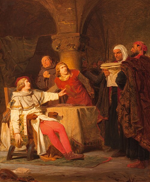 Konradin von Hohenstaufen und Friedrich von Baden das Todesurteil hörend, 1865, Anton von Werner