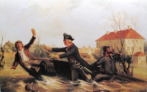 Herzog Leopold von Braunschweig stürzt auf seiner Rettungsfahrt aus dem kenternden Fischerboot., 1860, Anton von Werner