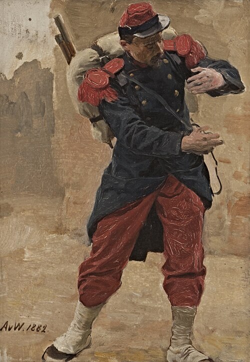 Französischer Infanterist mit Marschgepäck (Soldat in voller Montur). Studie zu Kriegsgefangen, 1882, Anton von Werner