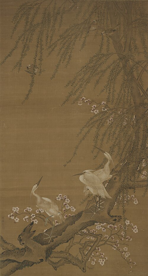 Egrets, Small Birds, Willows, and Peach Blossom, , Zhao Yong