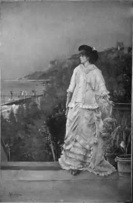 woman in roses, standing on a terrace, 1882, Alfred Stevens