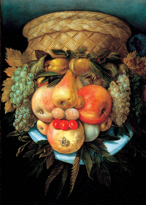 Tête réversible avec panier de fruits, 1550, Giuseppe Arcimboldo