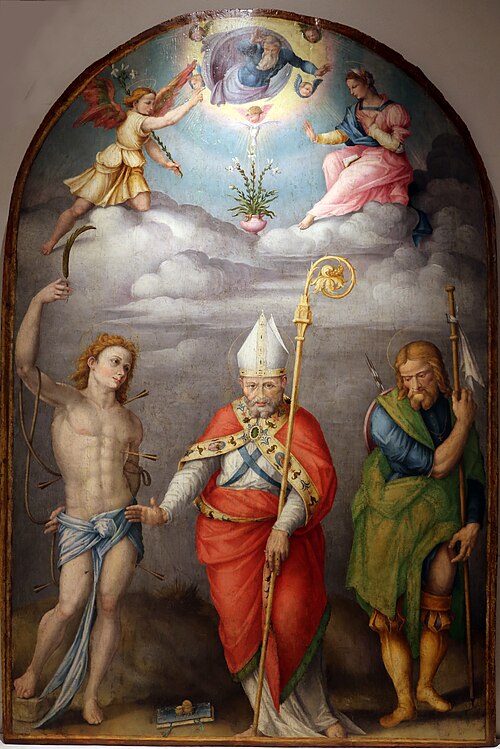 annunciazione con dio padre e i ss. sebastiano, nicola e rocco, 1550, Francesco Ubertini dit Le Bacc