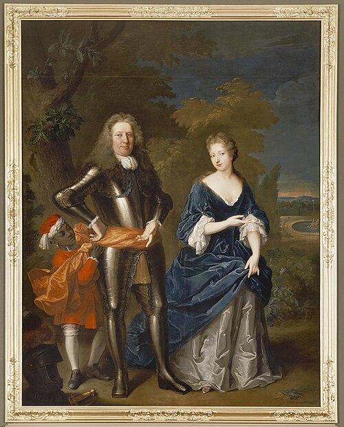 Portrait of Jacob van Wassenaer (1649-1707) and Jacoba van Liere (1655-1693), with a servant, 1702, Theodorus Netscher