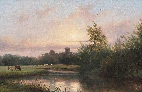 Sunset, View of Warwick Castle, 1858, Thomas Baker