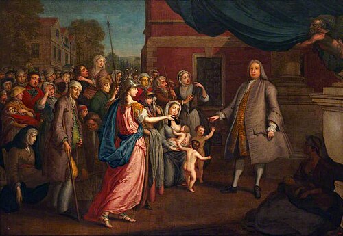 Joshua Ward Receiving Money from Britannia (and Bestowing it as Charity on the Needy), 1748, Thomas Bardwell