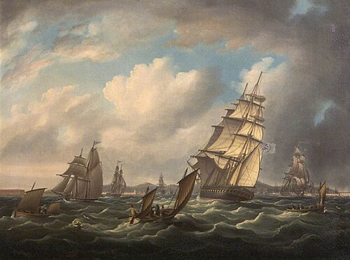 A British Frigate Running into a Fortified Naval Port, amid Other Shipping, , Thomas Buttersworth