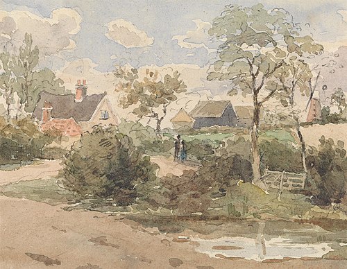 Country Landscape with Cottage, Windmill, Barns and Figures with Pond in Foreground, , Thomas Churchyard