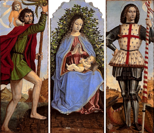 Madonna and Child (Madonna of the Rose Garden), Saint Christopher and Saint George (Triptych), 1492, Ambrogio Borgognone