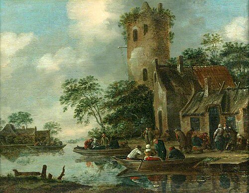 River Scene with a Ruined Tower on the Bank and Figures in Rowing Boats, 1680, Thomas Heeremans