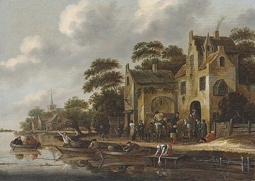 The bank of a river, with figures in rowboats and travelers outside an inn, a church beyond, 1679, Thomas Heeremans