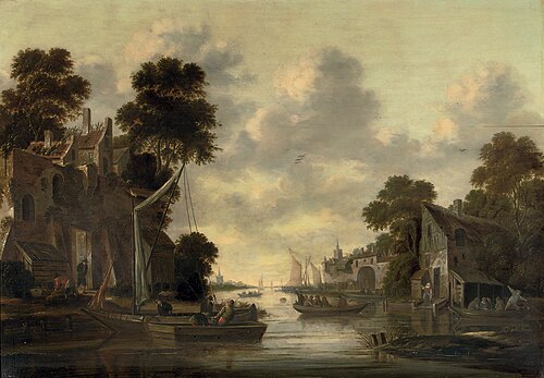 River landscape with fishermen and their boats by a village, 1665, Thomas Heeremans